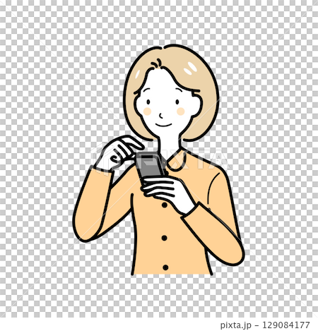 Woman operating a smartphone Woman operating a smartphone 129084177