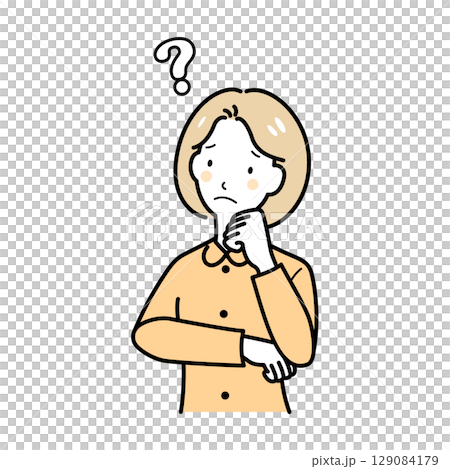 A woman thinking with her hand on her elbow A woman thinking with her hand on her elbow 129084179