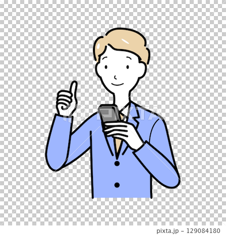 一名男子手裡拿著智慧型手機,發出好兆頭 一名男子手裡拿著智慧型手機,發出好兆頭 129084180