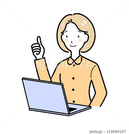 パソコンの前でグッドサインの女性 パソコンの前でグッドサインの女性 129084187