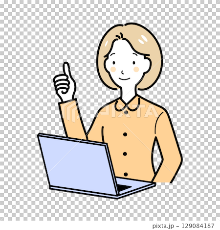 パソコンの前でグッドサインの女性 パソコンの前でグッドサインの女性 129084187