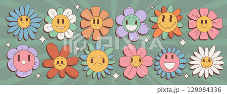 Retro groovy daisy flowers with cartoon faces Retro groovy daisy flowers with cartoon faces 129084336