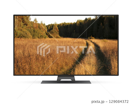 Smart tv with country road in a field on the screen Smart tv with country road in a field on the screen 129084372