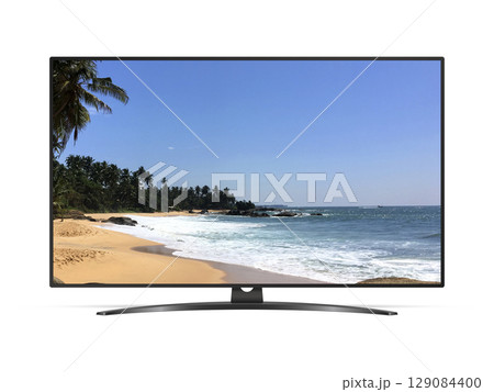 Smart tv with tropical ocean beach on screen 129084400
