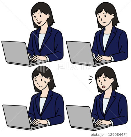 PC作業する女性 表情セット 129084474