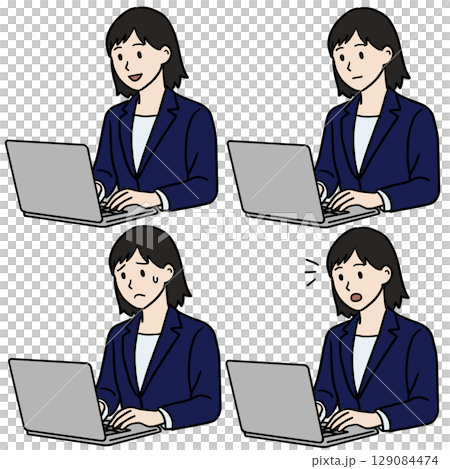 PC作業する女性 表情セット 129084474