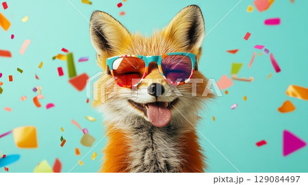 Fox in party glasses tossing confetti in the air . 129084497