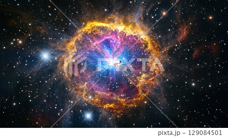 A star forming nebula in deep space, glowing in bright colors - . 129084501