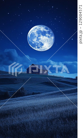moon glowing above quiet hillside barn. 129084571