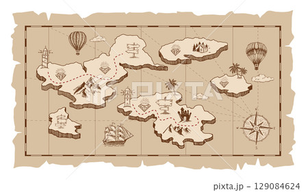 Vintage treasure map illustration with a compass, ships, and an island Vintage treasure map illustration with a compass, ships, and an island 129084624