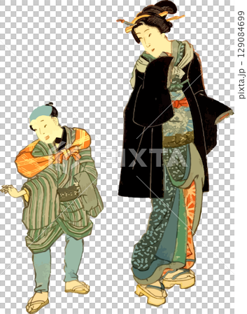 父母與孩子散步的浮世繪素材 129084699