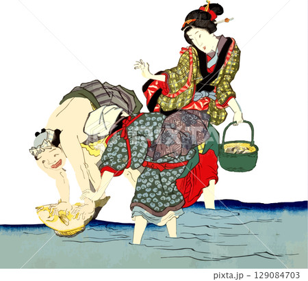 浜辺で魚を捕まえてはしゃぐ若者たちの浮世絵素材 129084703