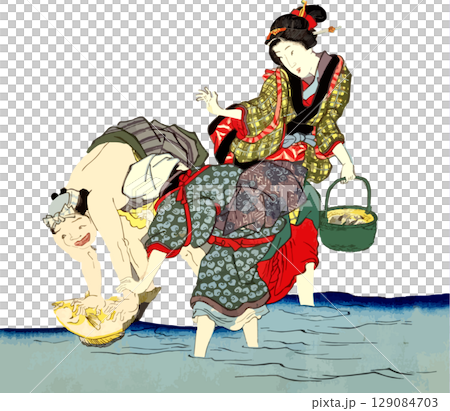浜辺で魚を捕まえてはしゃぐ若者たちの浮世絵素材 129084703