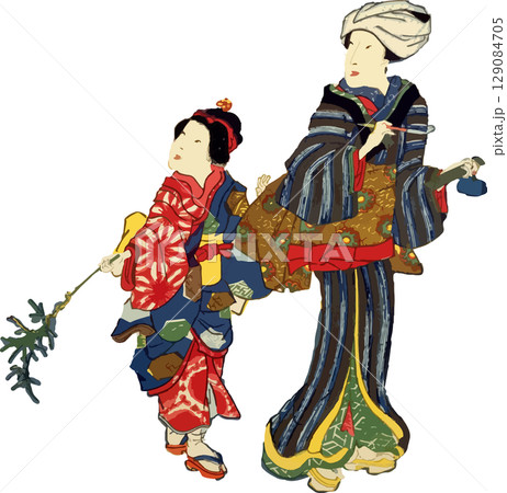 散歩中の親子の浮世絵素材 129084705