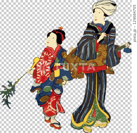 散歩中の親子の浮世絵素材 129084705