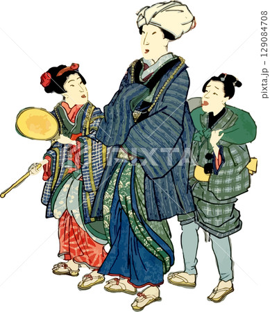 祭りを楽しむ親子の浮世絵素材 129084708