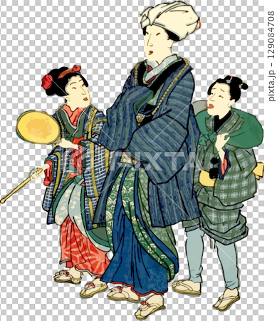 祭りを楽しむ親子の浮世絵素材 129084708