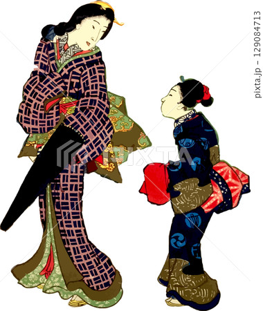 小雨の中散歩する親子の浮世絵素材 小雨の中散歩する親子の浮世絵素材 129084713