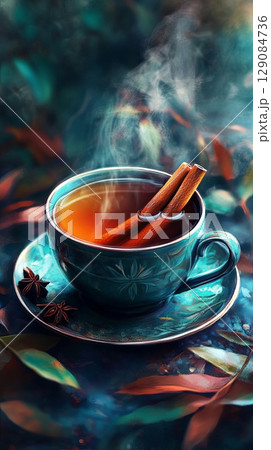 Cup of hot tea with cinnamon sticks. 129084736