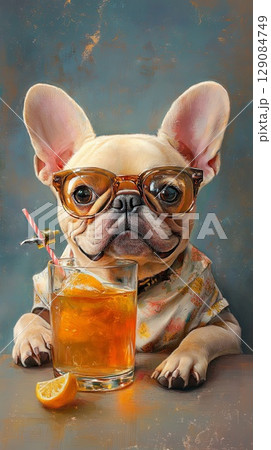 french bulldog in glasses with cider. 129084749
