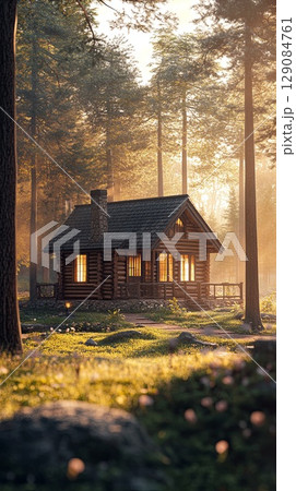 Cozy cabin in spring woods. 129084761