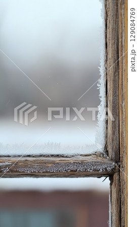 weathered window frame with morning frost edges. 129084769