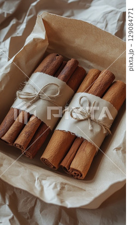 cinnamon sticks tied on kraft paper package. cinnamon sticks tied on kraft paper package. 129084771