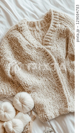 cozy cardigan laid out next to skein. 129084783