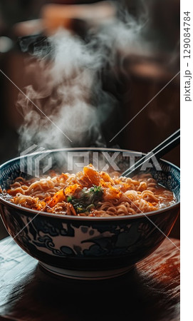 Bowl of ramen with steam, moody lighting. 129084784