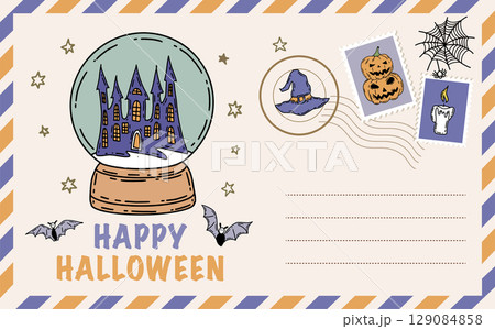 Halloween card with pumpkin, bat, hat, hand drawn illustrations Halloween card with pumpkin, bat, hat, hand drawn illustrations 129084858