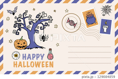Halloween card with pumpkin, bat, hat, hand drawn illustrations	 129084859
