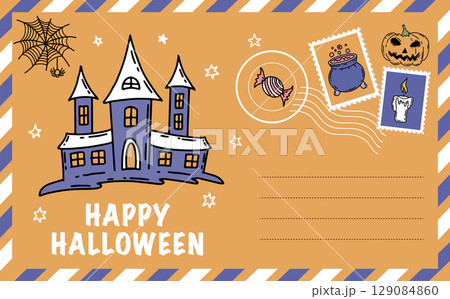 Halloween card with pumpkin, bat, hat, hand drawn illustrations	 129084860