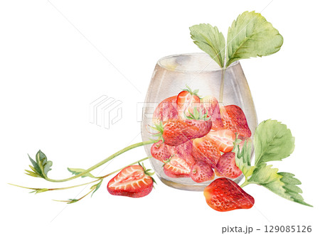Strawberry full and cut in half served in glass with leaves tendrils, ripe picked berry pineberry strasberry harvest. Isolated illustration hand drawn in watercolor. Farmers market grocery preserves 129085126