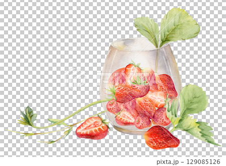Strawberry full and cut in half served in glass with leaves tendrils, ripe picked berry pineberry strasberry harvest. Isolated illustration hand drawn in watercolor. Farmers market grocery preserves 129085126