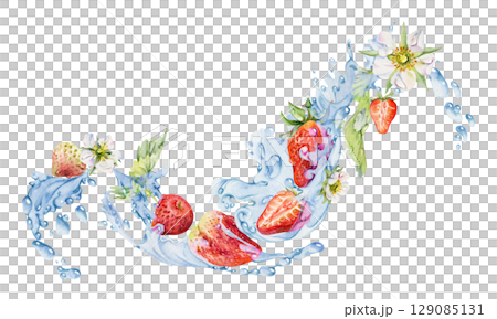 Strawberry ripe garden berries flowers leaves flying in water splash, fresh pineberry strasberry snakeberry, wet moist dew drops. Isolated illustration hand drawn in watercolor. Drink, grocery package Strawberry ripe garden berries flowers leaves flying in water splash, fresh pineberry strasberry snakeberry, wet moist dew drops. Isolated illustration hand drawn in watercolor. Drink, grocery package 129085131