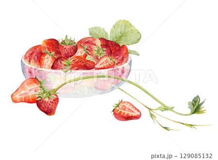 Strawberry berries full and cut in half served in glass bowl with leaves tendrils, ripe picked garden pineberry strasberry harvest. Isolated hand drawn watercolor illustration. Menu, grocery preserves 129085132