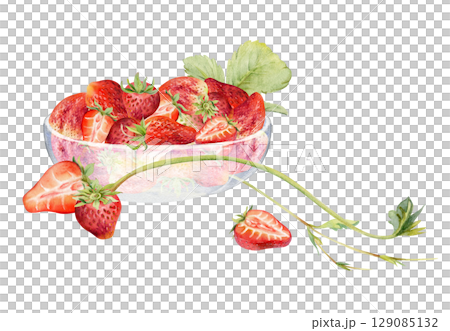 Strawberry berries full and cut in half served in glass bowl with leaves tendrils, ripe picked garden pineberry strasberry harvest. Isolated hand drawn watercolor illustration. Menu, grocery preserves 129085132