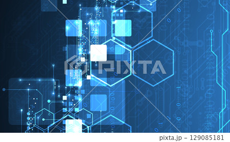 A technical background using technological lines, squares, and hexagons combined into an art composition. 129085181