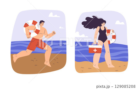 Lifeguards are actively on duty and present at the beach to ensure everyones safety and enjoyment Lifeguards are actively on duty and present at the beach to ensure everyones safety and enjoyment 129085208