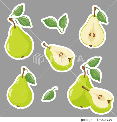 Set of stickers green pears with leaves Set of stickers green pears with leaves 129085391
