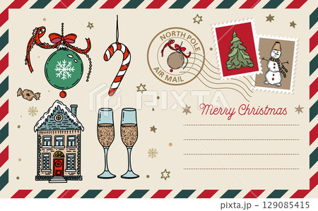 Christmas postcard, card, hand drawn illustration Christmas postcard, card, hand drawn illustration 129085415