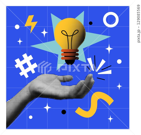 Hand hold lamp. Idea symbol. Paper halftone monochrome arm. Abstract background. Business brainstorm or education concept. Social media post design. Vector cartoon flat style isolated illustration 129085569
