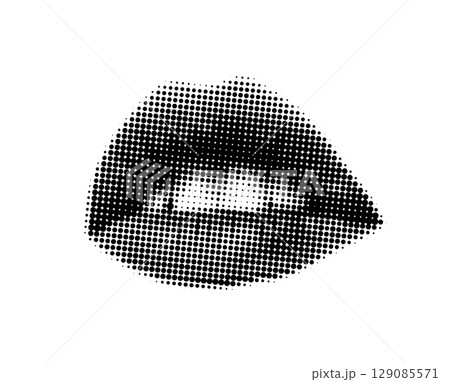 Mouth halftone. Pop art. Newspaper woman lips and teeth. Doodle dotted facial part. Vintage paper sticker. Y2k newsprint cutout kiss. Dotted magazine collage label. Vector retro face grunge element 129085571