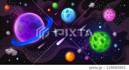 Neon space background. Planets in universe, galaxy wallpaper. Starry sky. Futuristic planetary system design. Cosmic asteroid, deep dark night, interstellar exploration. Vector tidy illustration 129085601
