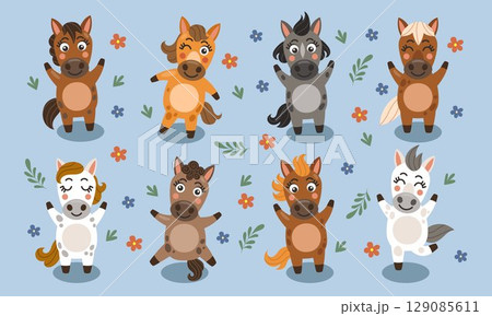 Cartoon horse. Happy 2026 New Year celebration. Holiday animal. Mammal character of celebration. Festive season. Fun mascot for party. Pony happiness. Logo design of feast. Vector tidy mammals set 129085611