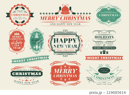 Merry Christmas logo. Xmas ornament text label. Flourish frame. Retro badge. Holiday typography sticker. Vintage snowflake and winter tree. Celebration decoration. Vector New year garish cards set 129085614