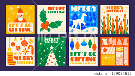Christmas minimalist card. Xmas snowflake, tree with garland. New Year gift icon, winter poster. Social media post. Geometric holiday pattern. Vector garish contemporary print design isolated set Christmas minimalist card. Xmas snowflake, tree with garland. New Year gift icon, winter poster. Social media post. Geometric holiday pattern. Vector garish contemporary print design isolated set 129085615