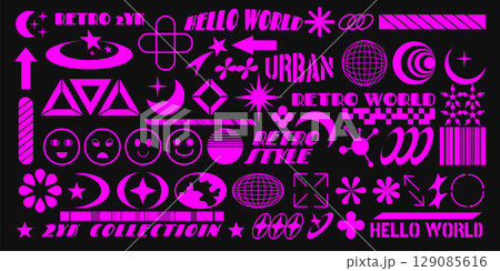 Cyberpunk Y2K. Cyber shapes. Acid poster elements. Retro neon icons. Geometric globe for pattern. Smile emoji. Orbital geometry. Graphic design. Planet globe. Flat flower. Vector techno garish set Cyberpunk Y2K. Cyber shapes. Acid poster elements. Retro neon icons. Geometric globe for pattern. Smile emoji. Orbital geometry. Graphic design. Planet globe. Flat flower. Vector techno garish set 129085616