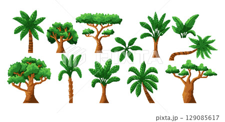Retro pixel tree. Palm, banana, coconut plant. 8 bit jungle. Game app about travel. Cartoon foliage, vintage nature landscape. Island wood. 8 bit stylized elements. Vector garish isolated illustration 129085617