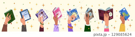 Book in human hand. Paper handbook, kid learning art. Library study. Education reading, knowledge symbol. Cartoon fairy tale, novel and business literature. Vector isolated set tidy illustration 129085624